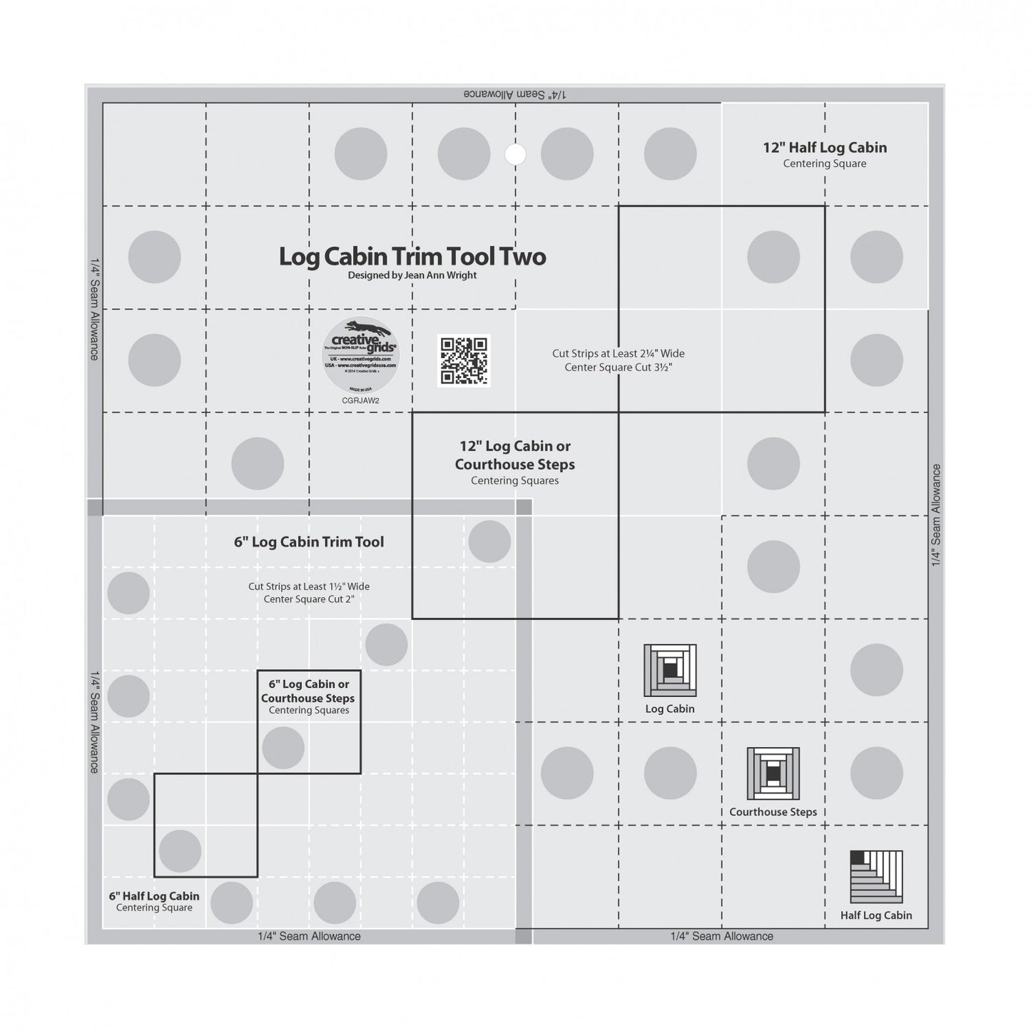 Creative Grids Log Cabin Trim Tool Two 6in &12In Blocks Quilt Ruler